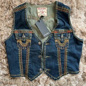 True Religion Dark Denim Vest with Yellow Accents